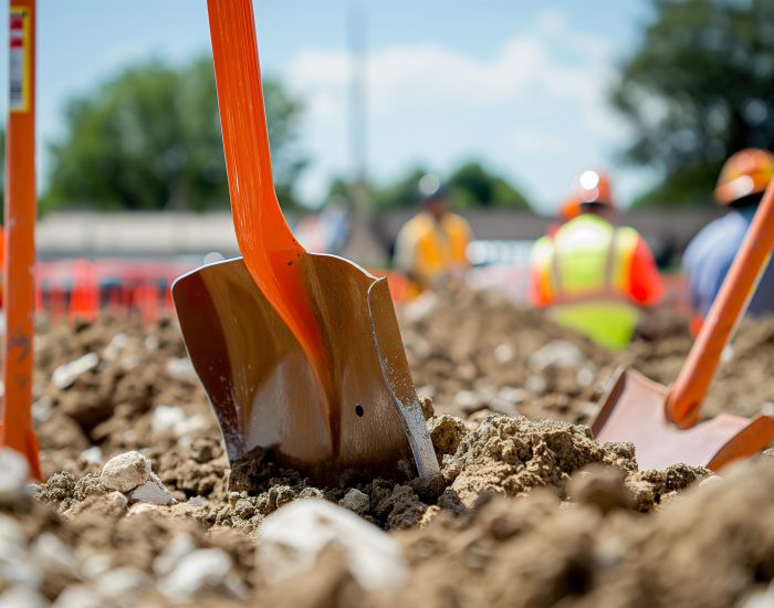 Construction workers digging with shovels in dirt at groundbreaking site, hardhats on, under clear blue sky.