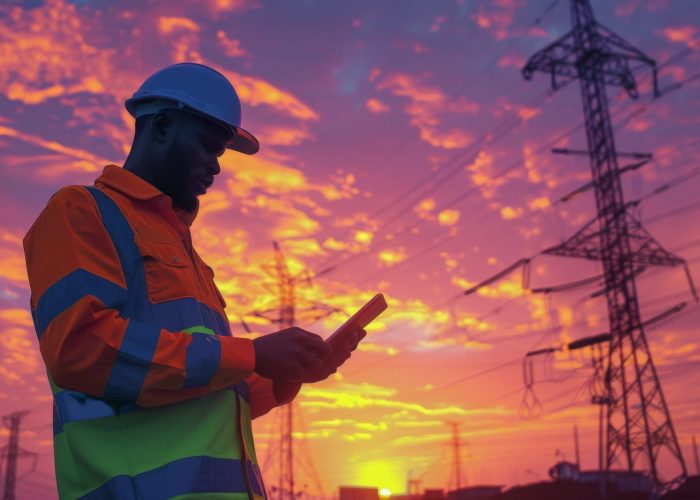 A man in reflective workwear uses a tablet outside.