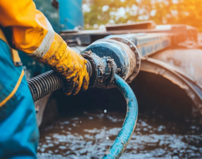 Hand connects a suction hose to a sewage tanker truck. Sewer pumping machine. Septic truck. Pumping wastewater from a septic tank. Septic tank maintenance