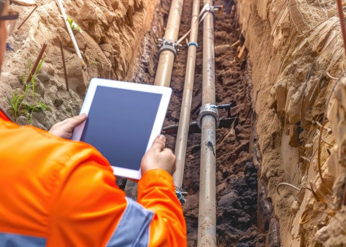 Engineer in high-visibility gear using a tablet to inspect underground pipelines in a trench. This image showcases the critical work of monitoring and maintaining infrastructure.